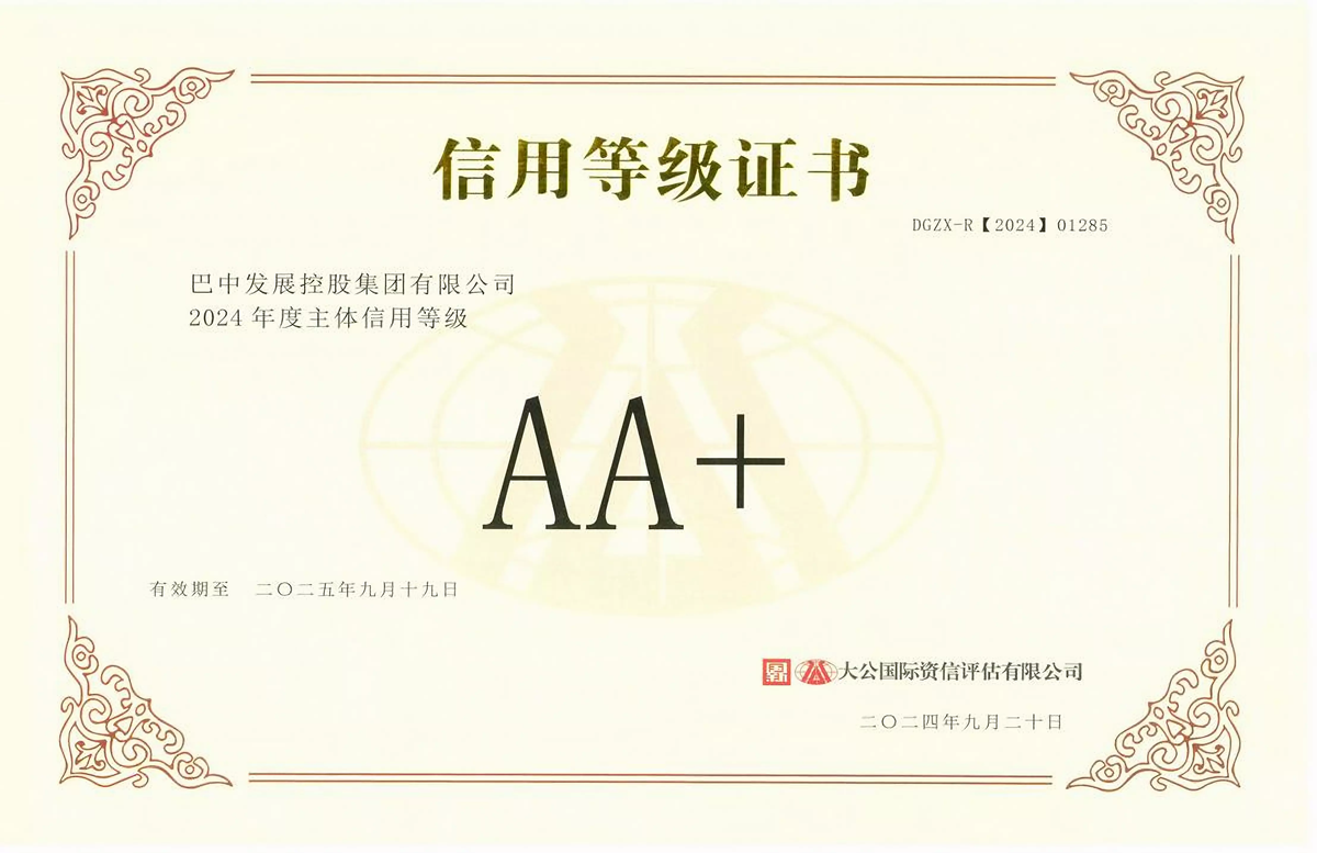2024年9月20日，巴中發(fā)展集團獲得大公國際評級公司AA+主體信用評級